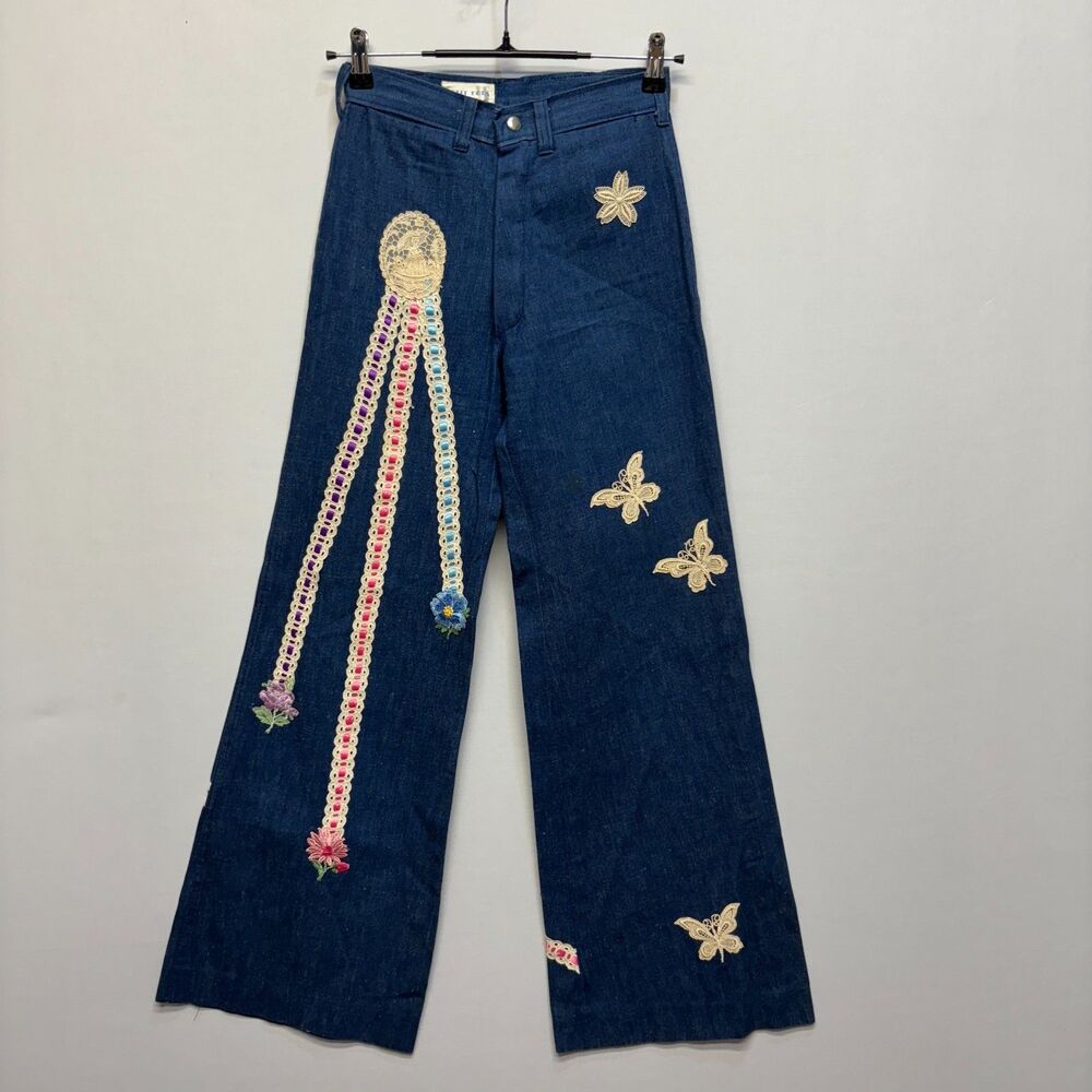 Vintage Petit Fors Women Wide Leg Jeans Measured 25x31 Embroidered Denim C077 29